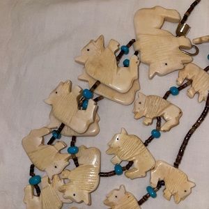 Fetish indian necklace pueblo zuni  carved tribal boho bison ivory turquoise